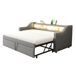 Lit Gigogne 90/180x190 Cm Avec LED, Rangement Et Ports USB, Lattes, En Lin, Gris Clair