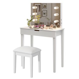Coiffeuse Avec Miroir, Éclairage LED, Tabouret De Coiffeuse, Blanc