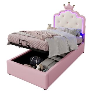 Lit Coffre Enfant 90x200 Cm Avec Tête En Forme De Couronne, LED, En Pu, Rose