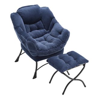 Fauteuil Lounge Avec Ottoman, Dossier Incurvé Et Poche Latérale, Acier, Marine
