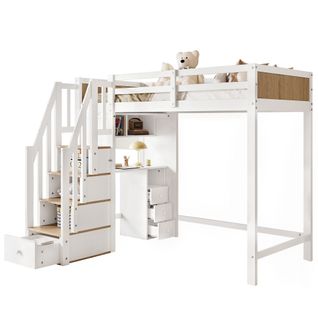 Lit Mezzanine 90x200 Cm Avec Bureau Et Rangements, Avec Lattes, En Bois, Blanc Et Naturel