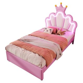 Lit Enfant 90x200 Cm Avec 2 Tiroirs Et Tête De Lit Réglable, LED, En Pu, Rose