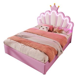 Lit Adulte 140x200 Cm Avec Tête De Lit Réglable LED Et 2 Tiroirs, En Pu, Rose