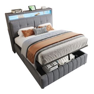 Lit Coffre 140x200 Cm, Tête De Lit De Rangement, LED Et Ports USB, Avec Lattes, En Lin, Gris
