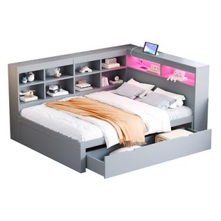 Lit Adulte 140x200 Cm Avec Grand Tiroir, Tête De Lit De Rangement Et LED, En Bois, Gris