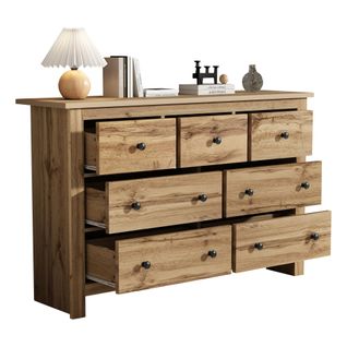 Commode à 7 Tiroirs 152x40x89 Cm, Style Campagne Moderne, Pour Cuisine Et Salon, Couleur Bois