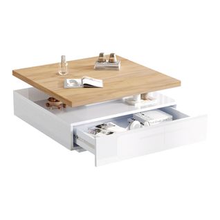 Table Basse Carrée Noyer Et Blanc Haut Brillant, Plateau Rotatif 360° Et Tiroir