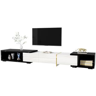 Meuble TV 140-260 Cm, Brillante, Pivotant, Aspect Marbre Noir Et Blanc