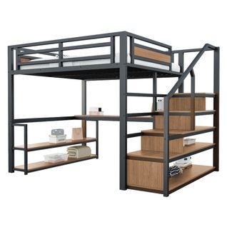 Lit Mezzanine 140x200 Cm, Avec Bureau Et Étagères, En Métal, Noir