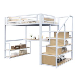 Lit Mezzanine 140x200 Cm, Bureau Et Rangements, Garde-corps, En Métal, Blanc