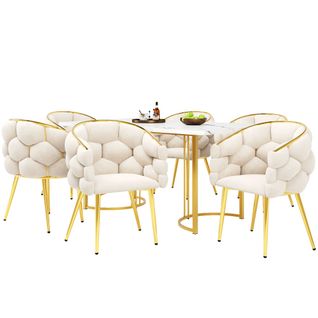 Ensemble Table Et Chaises, Table à Manger 140x80 Avec Pieds Métal Et 6 Chaises En Velours Beige
