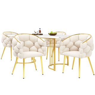 Ensemble Table Et Chaises, Table à Manger 140 Cm Avec Pieds Métal Doré Et 4 Chaises En Velours Beige