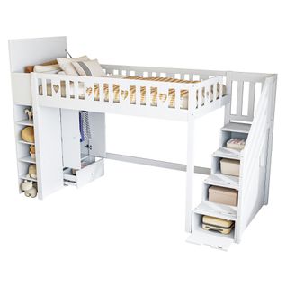Lit Mezzanine 90x200 Cm Avec Pendrie, Tiroir, Échelle Et Étagères, En Bois, Blanc