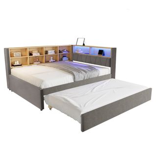 Lit Adulte 140x200 Cm Avec  Lit Gigogne 90x190 Cm, LED Et USB Et Type-c, En Flanelle, Gris Foncé