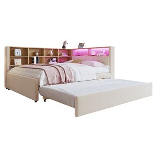 Lit Adulte 140x200 Cm Avec Lit Gigogne 90x190 Cm Avec LED Et USB Et Type-c, En Flanelle Beige