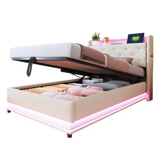 Lit Coffre Enfant 90x200 Cm,tête De Lit De Rangement, Avec LED Et Lattes, En Lin, Beige