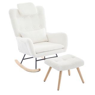 Fauteuil à Bascule Avec Pouf, Tissu Teddy, Structure Métal Et Pieds En Bois, Blanc
