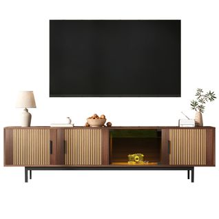 Meuble TV 200 Cm, Meuble Bas à Texture Sculptée Avec LED, Noir Et Couleur Bois