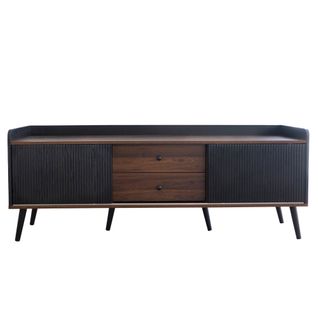 Meuble TV 160 Cm Avec 2 Portes, 2 Tiroirs, Rangement Ouvert, Noir Et Couleur Bois