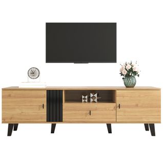 Meuble TV 170 Cm, Mat, Avec 2 Portes En Verre, 1 Tiroir, Niche Ouverte, Couleur Bois