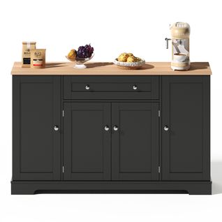 Buffet De Cuisine 138 Cm Noir - 1 Tiroir, Double Porte, 2 Armoires Latérales Réglables
