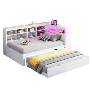 Lit Enfant 90x200 Cm Avec Lit Gigogne 90x190 Cm, Tête De Lit De Rangement Et LED, Blanc