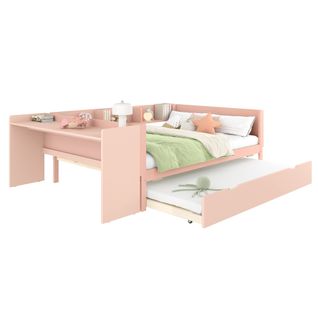 Lit Enfant 140x200 Cm Avec Lit Gigogne 90x190 Cm, Bureau, Étagère De Rangement, En Bois, Rose