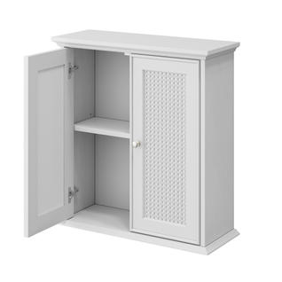 Meuble De Salle De Bain Blanc à Portes En Rotin Et Étagères Réglables