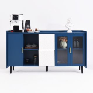 Buffet De Rangement Bleu Avec Porte Vitrée Et Tiroirs, Plateau Spacieux