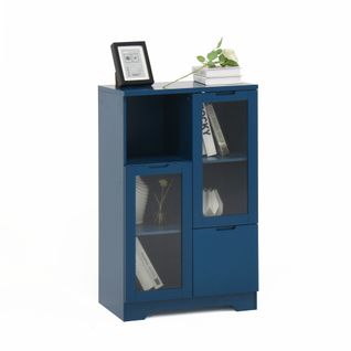 Bibliothèque, Armoire Laquée Avec Portes Vitrées, Rangement Ouvert, Bleu Marine