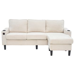 Canapé D'angle Convertible 3 Places Beige Avec Porte-gobelets, Ports USB Et Type-c, Pouf Modulable