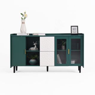 Buffet De Rangement 146 Cm Vert Avec Tiroirs Blancs Et Porte Vitrée