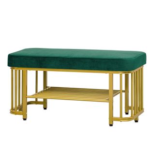 Banc à Chaussures Compact, Assise En Velours Rembourrée, Piètement Métal, Or Et Vert