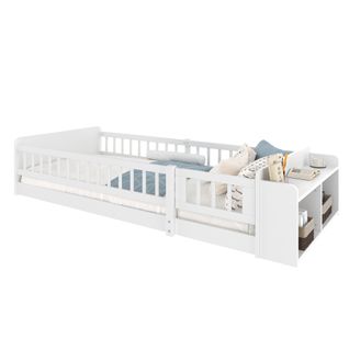Lit Enfant 90x200 Cm, Rangement Ouvert Et Étagères Intégrées, En Bois, Blanc