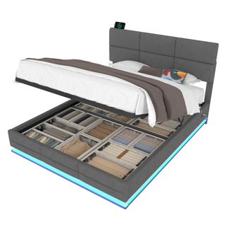 Lit Coffre 160x200 Cm, Lit Adulte, Avec Tête De Lit Réglable Et LED, En Velours, Gris Foncé