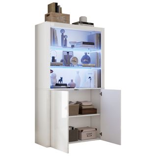 Vitrine Blanc Laqué 100x35x170 Cm Avec LED Multicolore Et Étagères En Verre Trempé