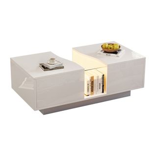 Table Basse Blanche Haut Brillant à Structure Creuse Avec LED Et 2 Tiroirs, 100x50x35 Cm