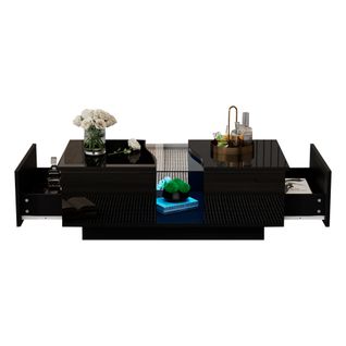 Table Basse Rectangulaire Noire 100x50x35 Cm Avec LED, 2 Tiroirs Et Rangement