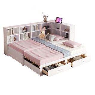 Lit Gigogne 90/180x190 Cm, Avec 2 Tiroirs Et Prise Multifonction, Avec Lattes, En Bois, Blanc