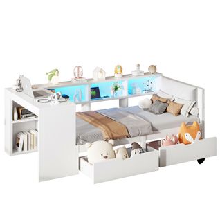 Lit Simple Lit Enfant 90x200 Cm Avec 2 Tiroirs, Bureau, Tête De Lit Capitonnée Et LED, Blanc