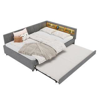 Lit Gigogne 140x200 Cm, Avec Sommier à Lattes, LED Et Ports USB Et Type-c, En Lin, Gris