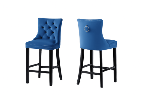 Lot De 2 Tabourets De Bar En Velours, Dossier Haut Capitonné, Pieds Bois, Bleu
