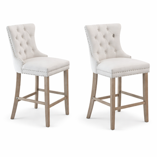 Lot De 2 Tabouret De Bar En Velours, Dossier Haut Capitonné, Piètement Bois, Beige