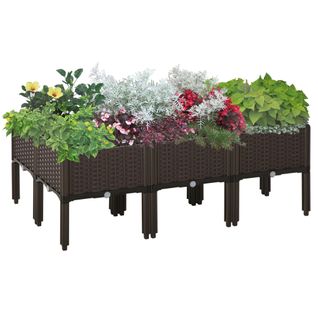Lot De 6 Bacs Surélevés Effet Rotin Marron 40x40x44 Cm En Plastique Avec Drainage Et Réserve D’eau
