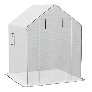 Bâche De Rechange Serre Blanche 140x143x190 Cm, Anti-uv, Porte Enroulable Et Fenêtres Moustiquaires