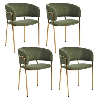 Lot De 4 Chaises De Salle à Manger, Dossier En Velours Côtelé, Piètement Métal Et Bois, Vert