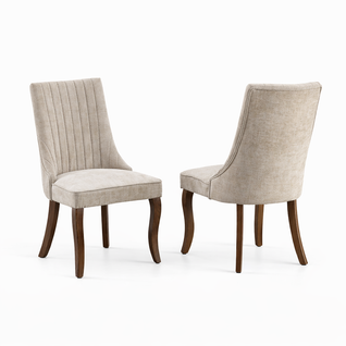 Lot De 2 Chaises De Salle à Manger, Dossier Haut En Chenille, Pieds Bois Massif Courbés, Beige