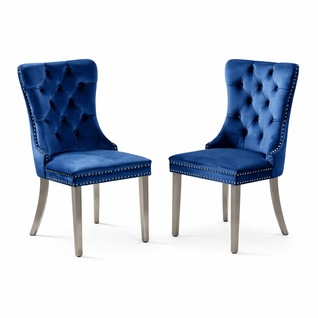 Lot De 2 Chaises De Salle à Manger, Dossier Haut Capitonné, Velours, Structure Bois Massif, Bleu