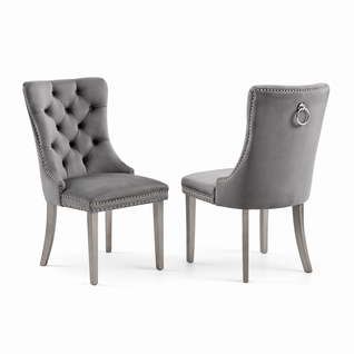 Lot De 2 Chaises De Salle à Manger En Velours, Dossier Haut Capitonné, Pieds Plaqués Chrome, Gris
