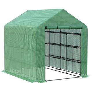 Serre De Jardin Avec Étagères 8 Niveaux, Porte Enroulable, Housse Pe, Cadre Acier, Verte